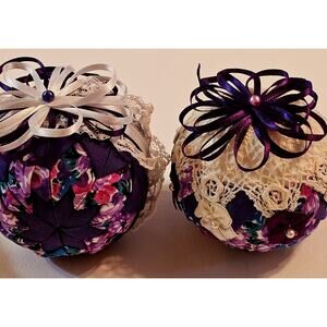 Two Quilted Christmas Ball Ornaments Handmade Purple Victorian Look